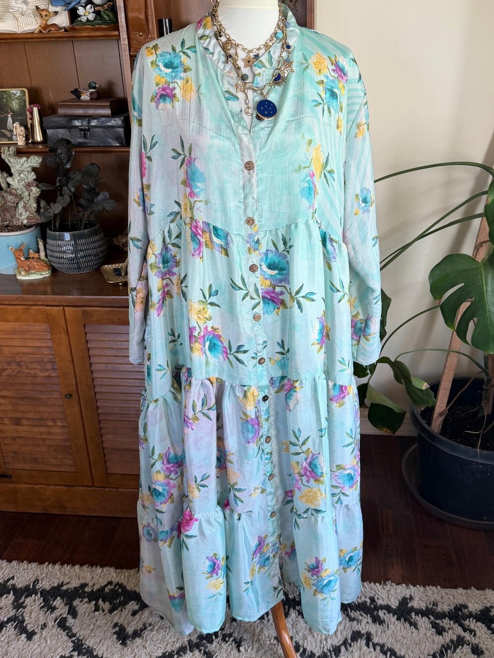 Wild Child Silk Floral Tiered Button-Front Maxi Dress in Pale Blue & Pastels OS